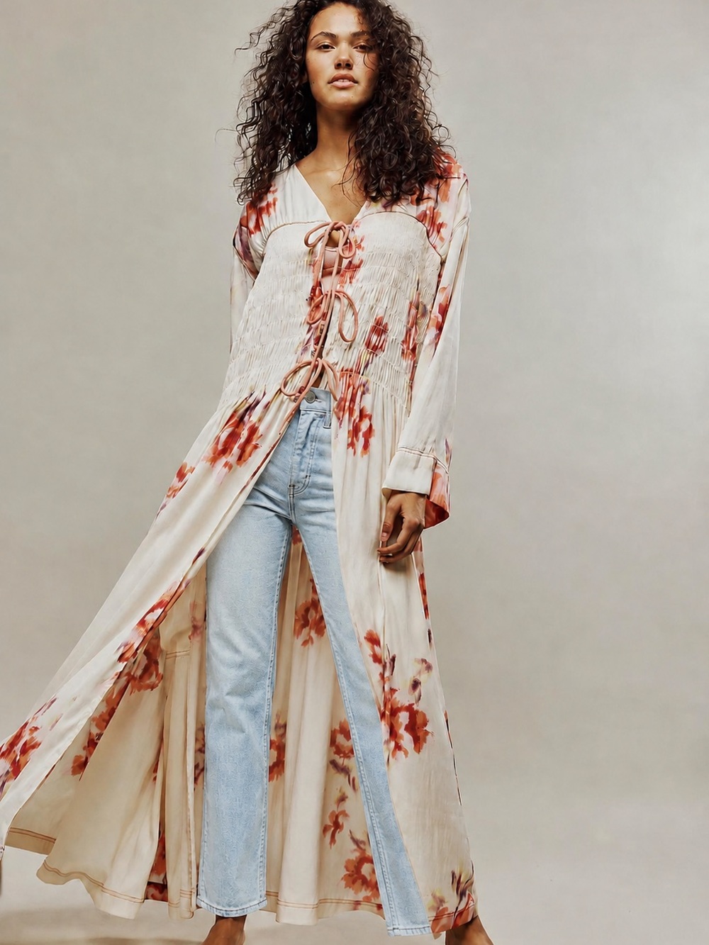 Free People Cream Maxi Dress with Pink-Red Floral Print